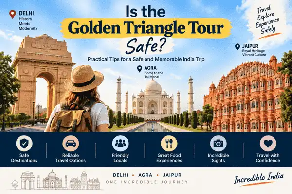 Tourists safely exploring the Taj Mahal and Jaipur during a Golden Triangle Tour