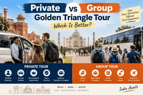 Private car and group tour bus visiting the Taj Mahal during a Golden Triangle Tour