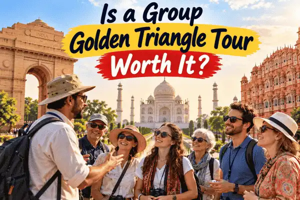A group of international tourists visiting the Taj Mahal during a Golden Triangle Tour