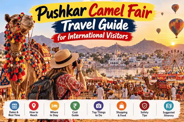 Tourists watching decorated camels and hot air balloons at the Pushkar Camel Fair