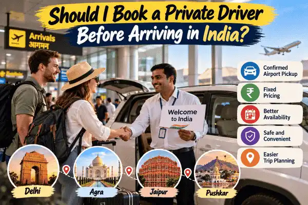 International tourists meeting a private driver at Delhi Airport before starting their Golden Triangle Tour