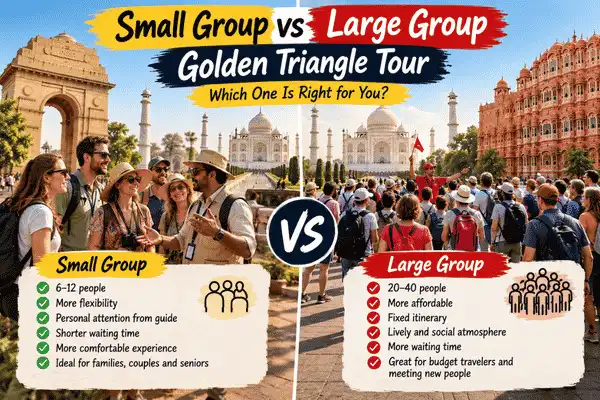 Small and large tourist groups visiting the Taj Mahal during a Golden Triangle Tour